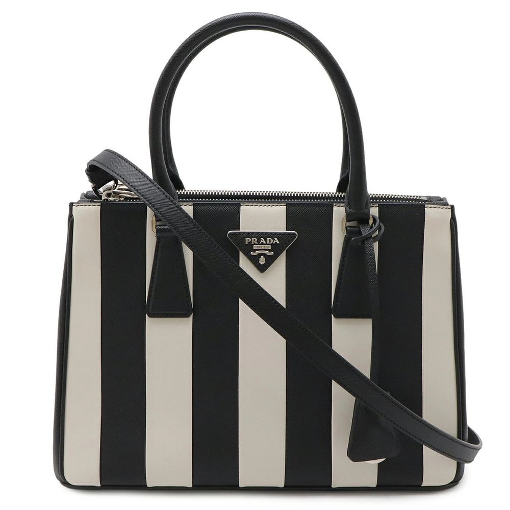 Prada Galleria Stripe Triangle Handbag Saffiano Leather NERO Black White